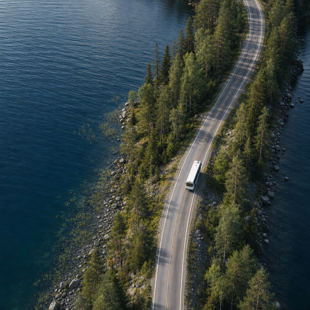 Linja-auto tehokkaalla reitillä luonnon keskellä